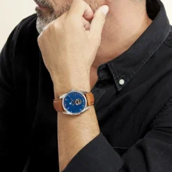 LIP Montre Himalaya C艙ur Battant 40 Bleu cadran argenté fond bleu bracelet cuir marron Sale