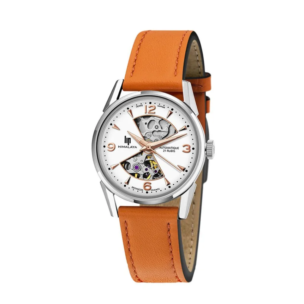 LIP Montre Himalaya Sablier 33 Argenté cadran argenté fond argenté bracelet cuir orange Discount
