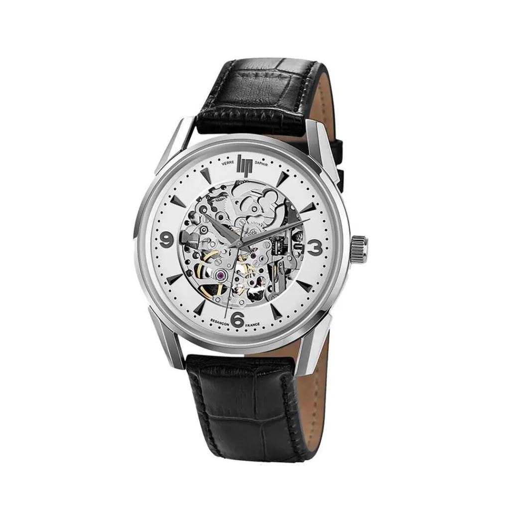 LIP Montre Himalaya Squelette Argenté cadran argenté fond argenté bracelet cuir noir