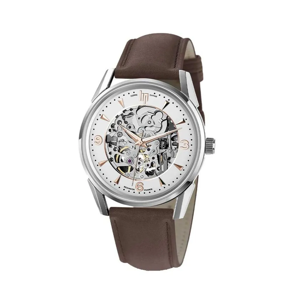 LIP Montre Himalaya Squelette Argenté cadran argenté fond argenté bracelet cuir marron New