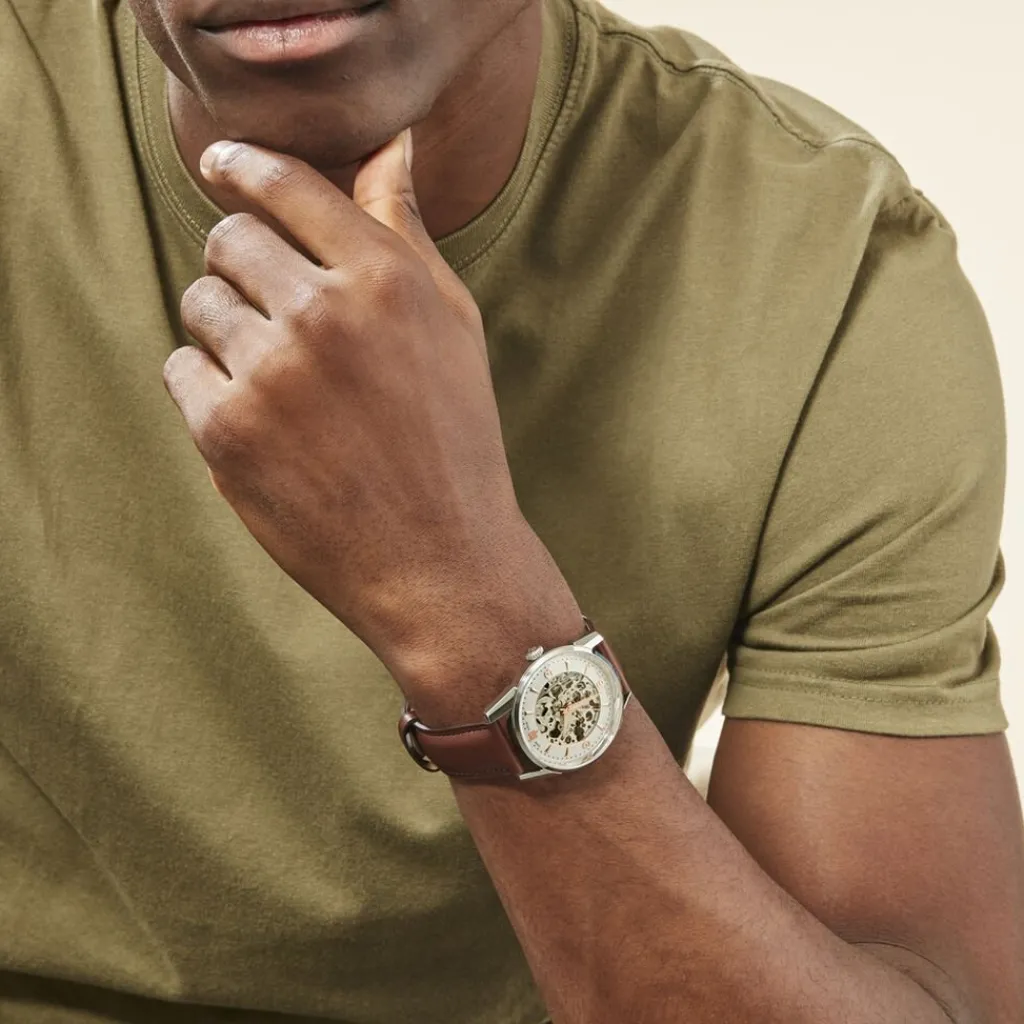 LIP Montre Himalaya Squelette Argenté cadran argenté fond argenté bracelet cuir marron New