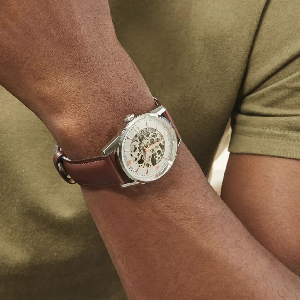 LIP Montre Himalaya Squelette Argenté cadran argenté fond argenté bracelet cuir marron New