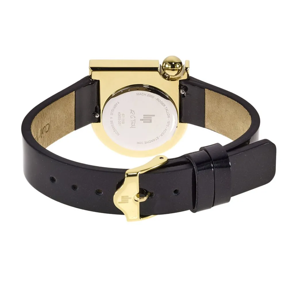 LIP Montre Mach 2000 Mini Moon Doré cadran doré fond doré bracelet cuir de vache noir