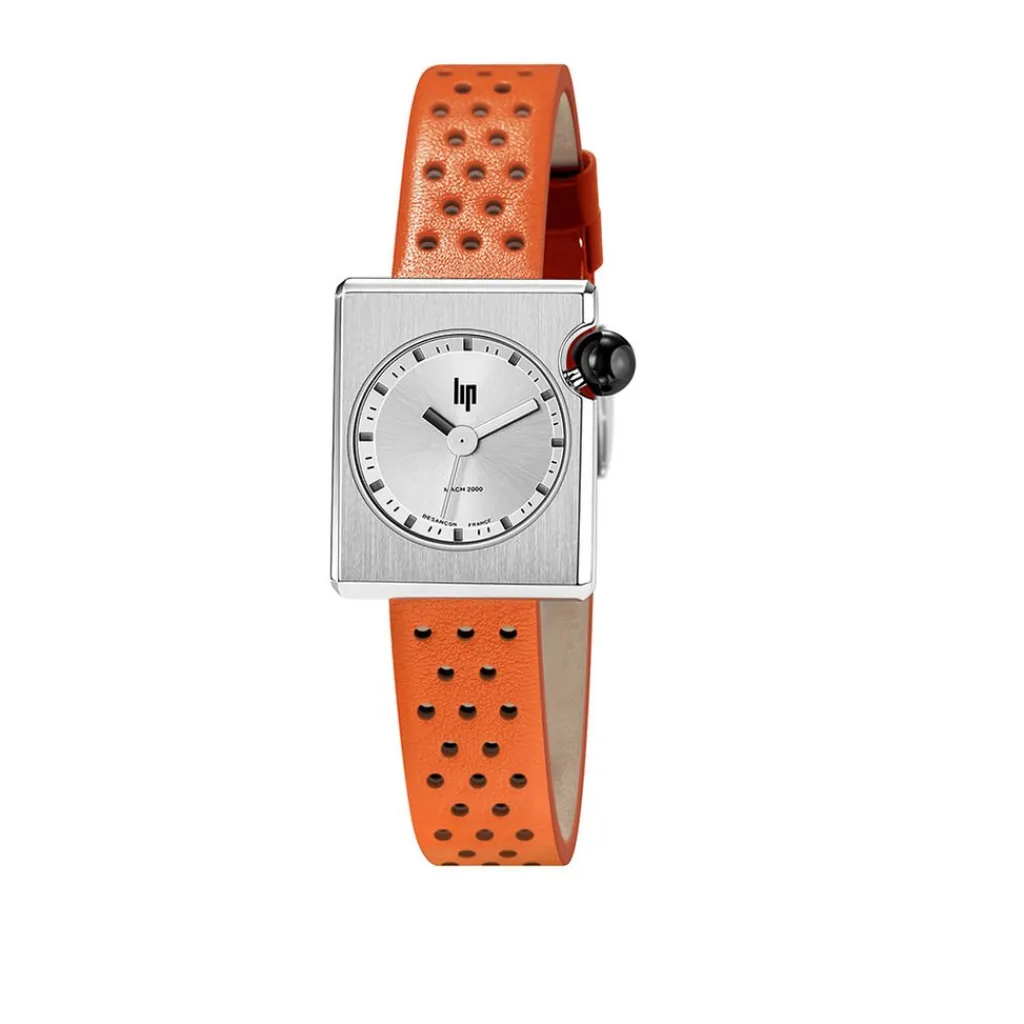 LIP Montre Mach 2000 Mini Square Argenté cadran argenté fond argenté bracelet cuir de vache orange Hot