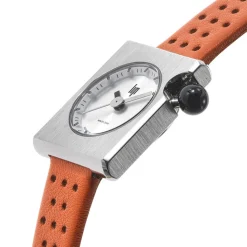 LIP Montre Mach 2000 Mini Square Argenté cadran argenté fond argenté bracelet cuir de vache orange Hot