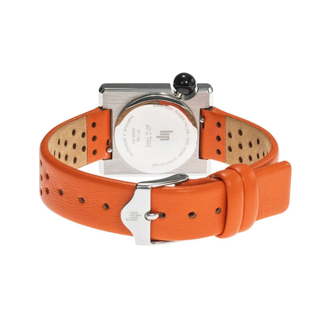 LIP Montre Mach 2000 Mini Square Argenté cadran argenté fond argenté bracelet cuir de vache orange Hot