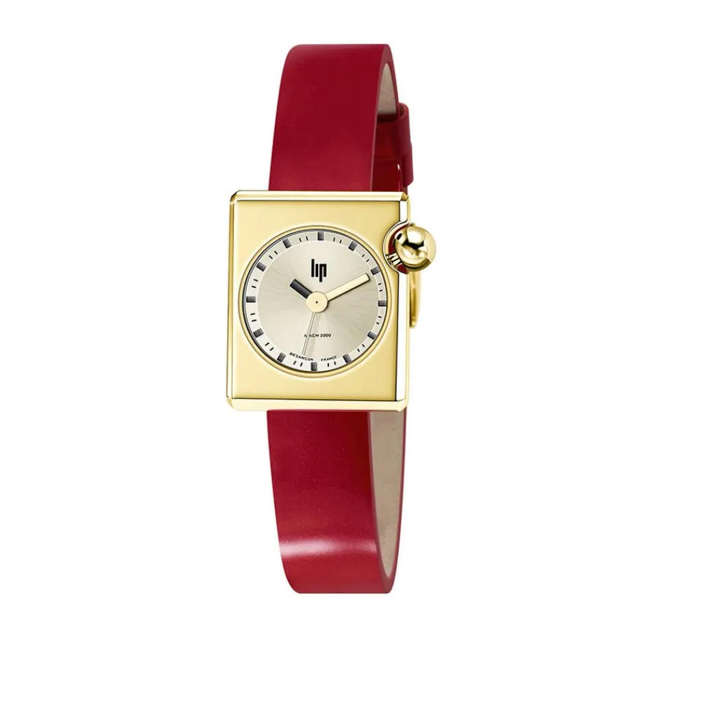LIP Montre Mach 2000 Mini Square Doré cadran doré fond doré bracelet cuir de vache rouge Sale