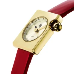 LIP Montre Mach 2000 Mini Square Doré cadran doré fond doré bracelet cuir de vache rouge Sale