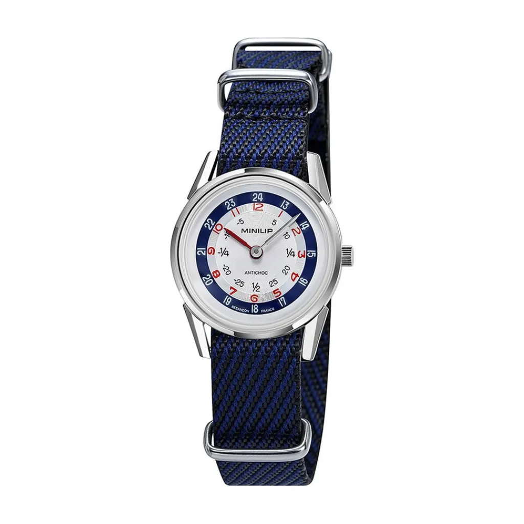 LIP Montre Mini Argenté cadran argenté fond argenté bracelet nylon bleu Sale
