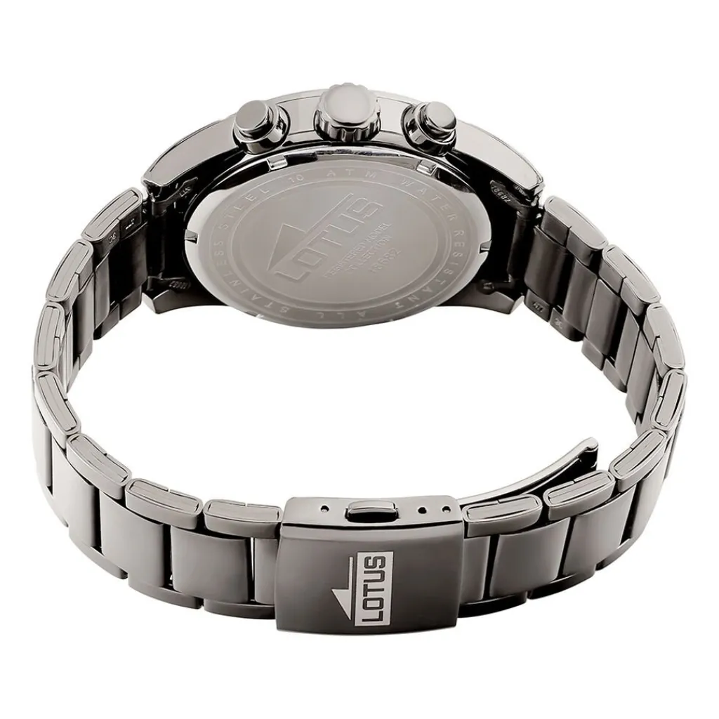 LOTUS Montre Chrono Noir cadran gris fond noir bracelet acier gris Clearance