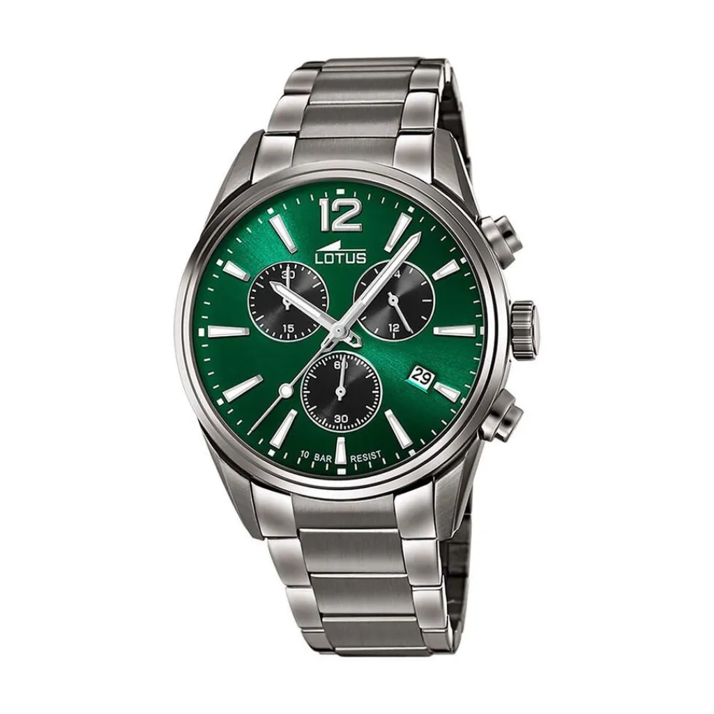LOTUS Montre Chrono Vert cadran gris fond vert bracelet acier gris Best