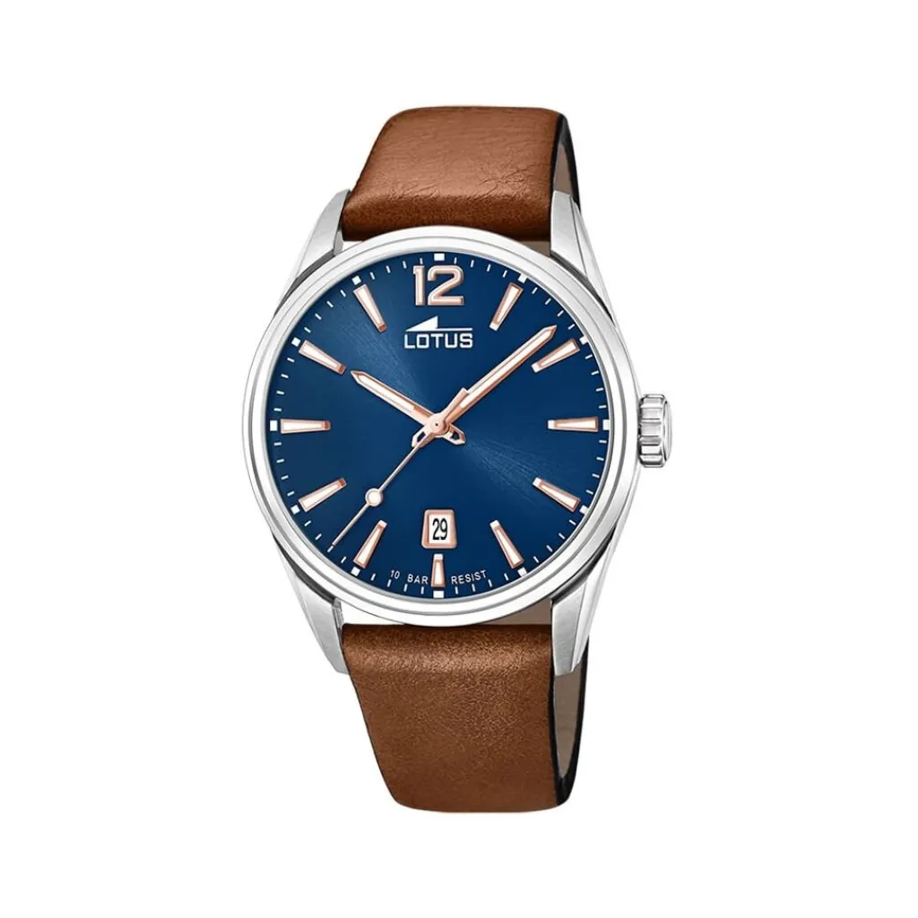 LOTUS Montre Minimalist Bleu cadran argenté fond bleu bracelet cuir de vache marron Best