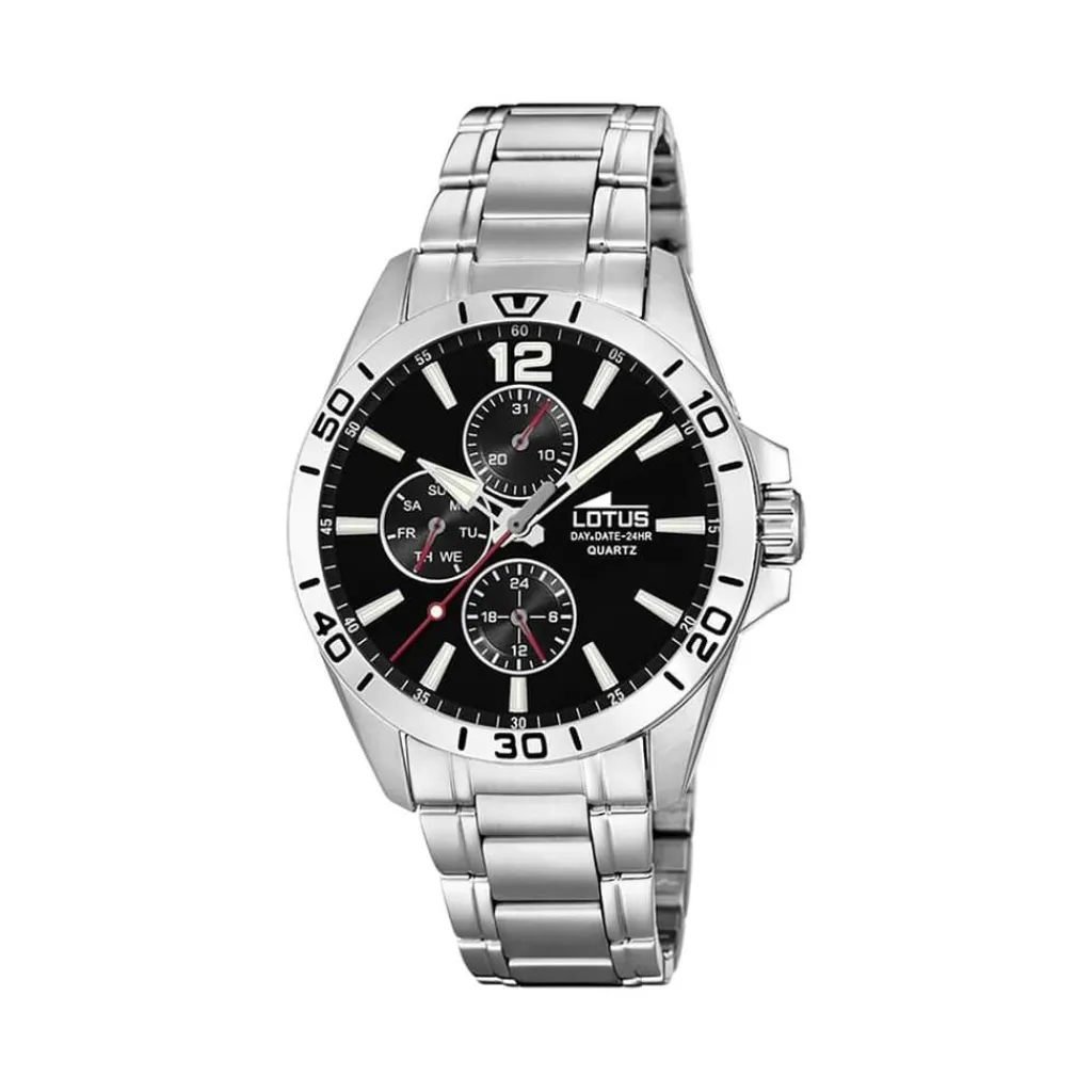 LOTUS Montre Multifunction Noir cadran argenté fond noir bracelet acier argenté Discount
