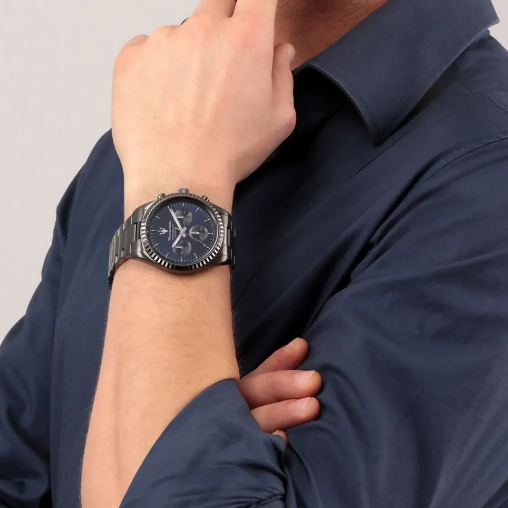 MASERATI Montre Competizione Bleu cadran gris fond bleu bracelet acier gris Hot