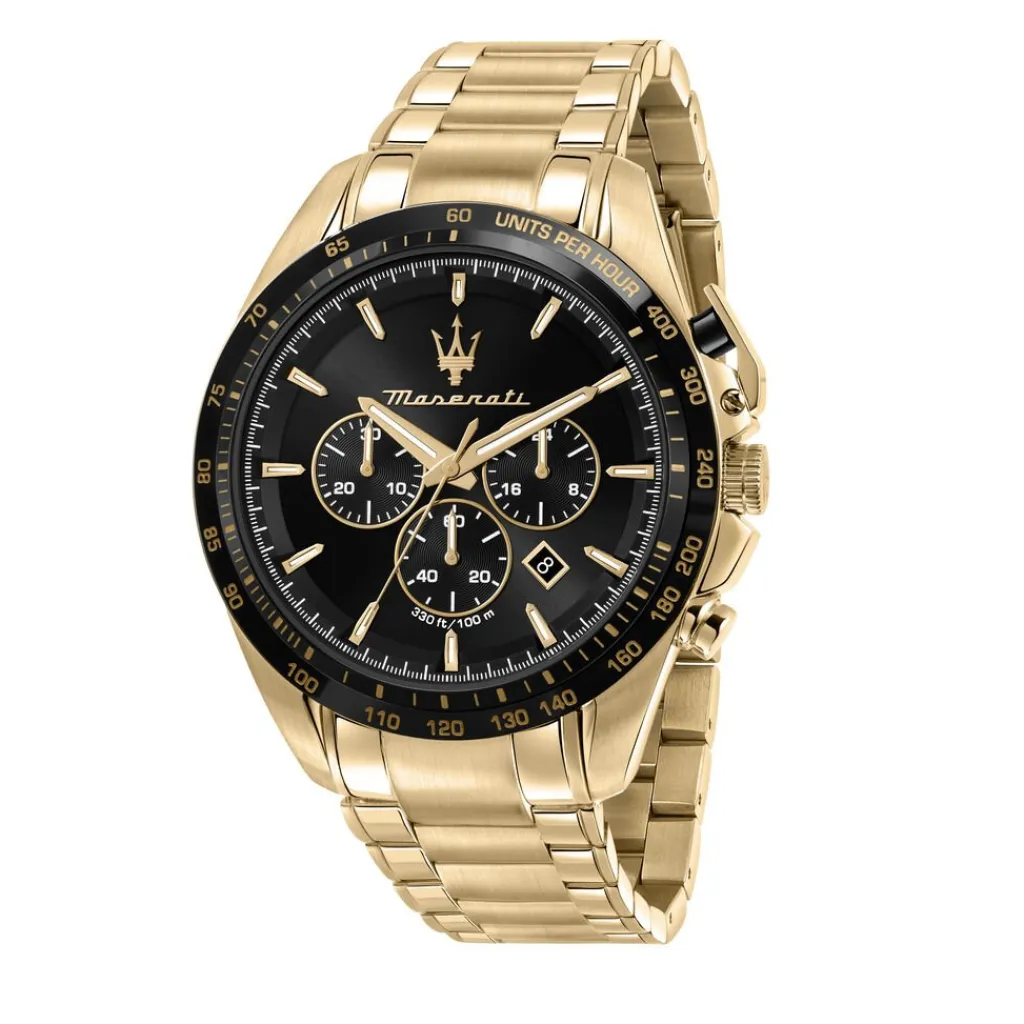 MASERATI Montre Traguardo Noir cadran doré fond noir bracelet acier doré