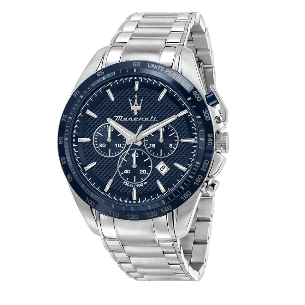 MASERATI Montre Traguardo Bleu cadran argenté fond bleu bracelet acier argenté Hot