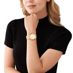 MICHAEL KORS Montre Lennox Blanc cadran doré fond blanc bracelet acier doré Outlet