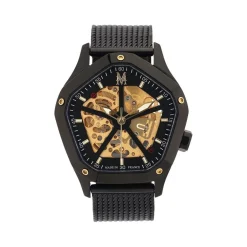 MONTIGNAC Montre Geometric Automatique Doré cadran noir fond doré bracelet acier noir Outlet
