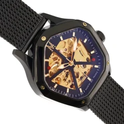 MONTIGNAC Montre Geometric Automatique Doré cadran noir fond doré bracelet acier noir Outlet