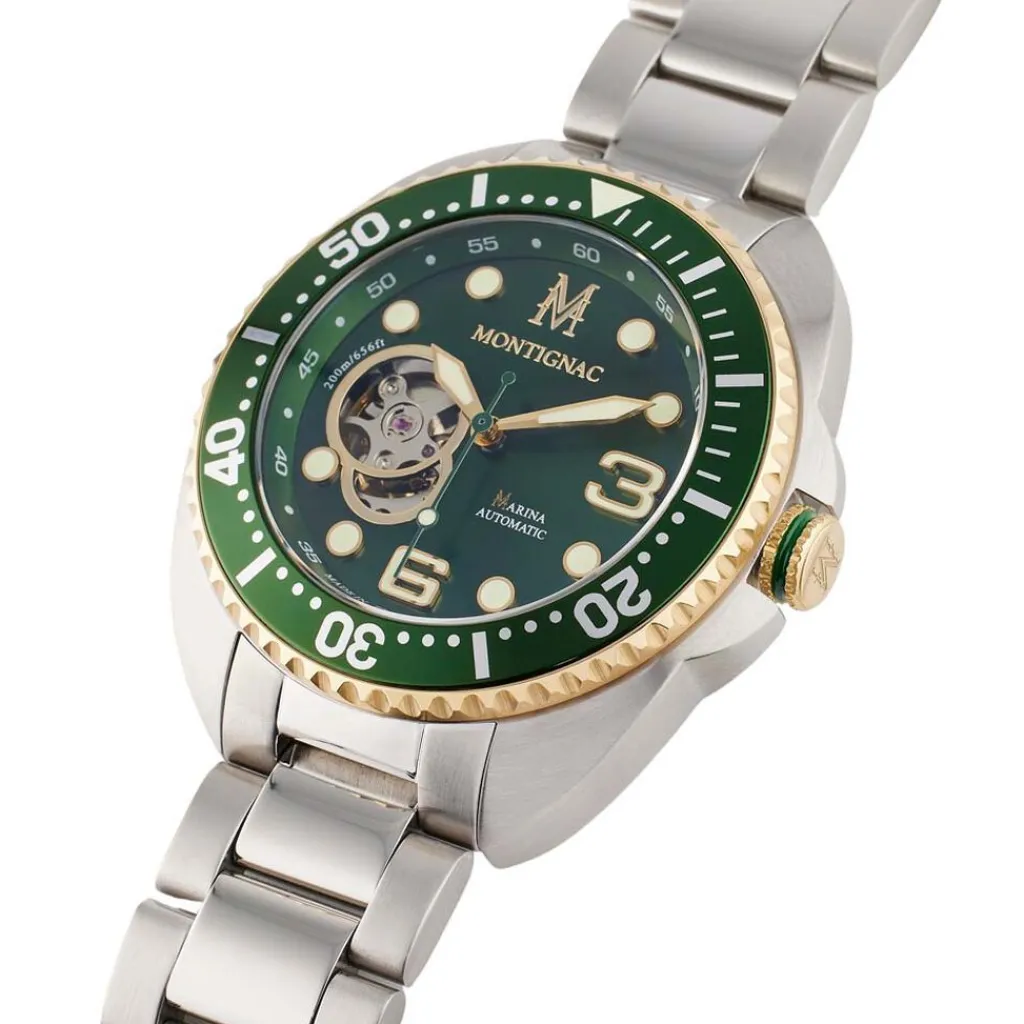 MONTIGNAC Montre Marina Vert cadran argenté fond vert bracelet acier argenté New