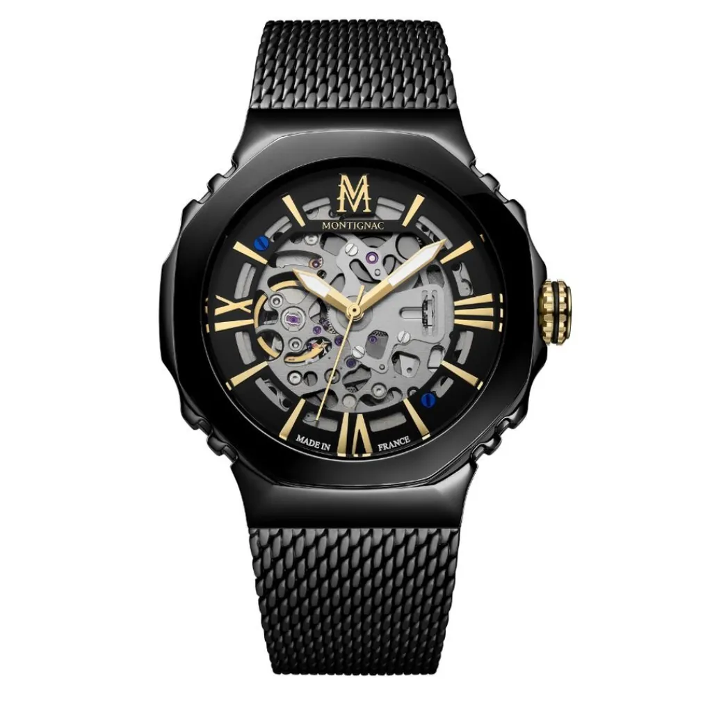 MONTIGNAC Montre Octagon Automatique Noir cadran noir fond noir bracelet acier noir Clearance