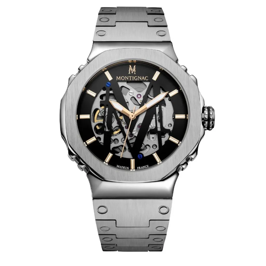 MONTIGNAC Montre Octagon Automatique Noir cadran argenté fond noir bracelet acier argenté Online