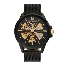 MONTIGNAC Montre Round Automatique Noir cadran noir fond noir bracelet acier noir New