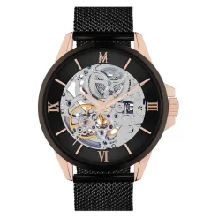 MONTIGNAC Montre Round Automatique Noir cadran doré rose fond noir bracelet acier noir Hot