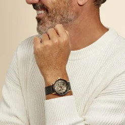 MONTIGNAC Montre Round Automatique Noir cadran doré rose fond noir bracelet acier noir Hot