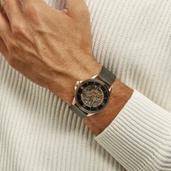 MONTIGNAC Montre Round Automatique Noir cadran doré rose fond noir bracelet acier noir Hot