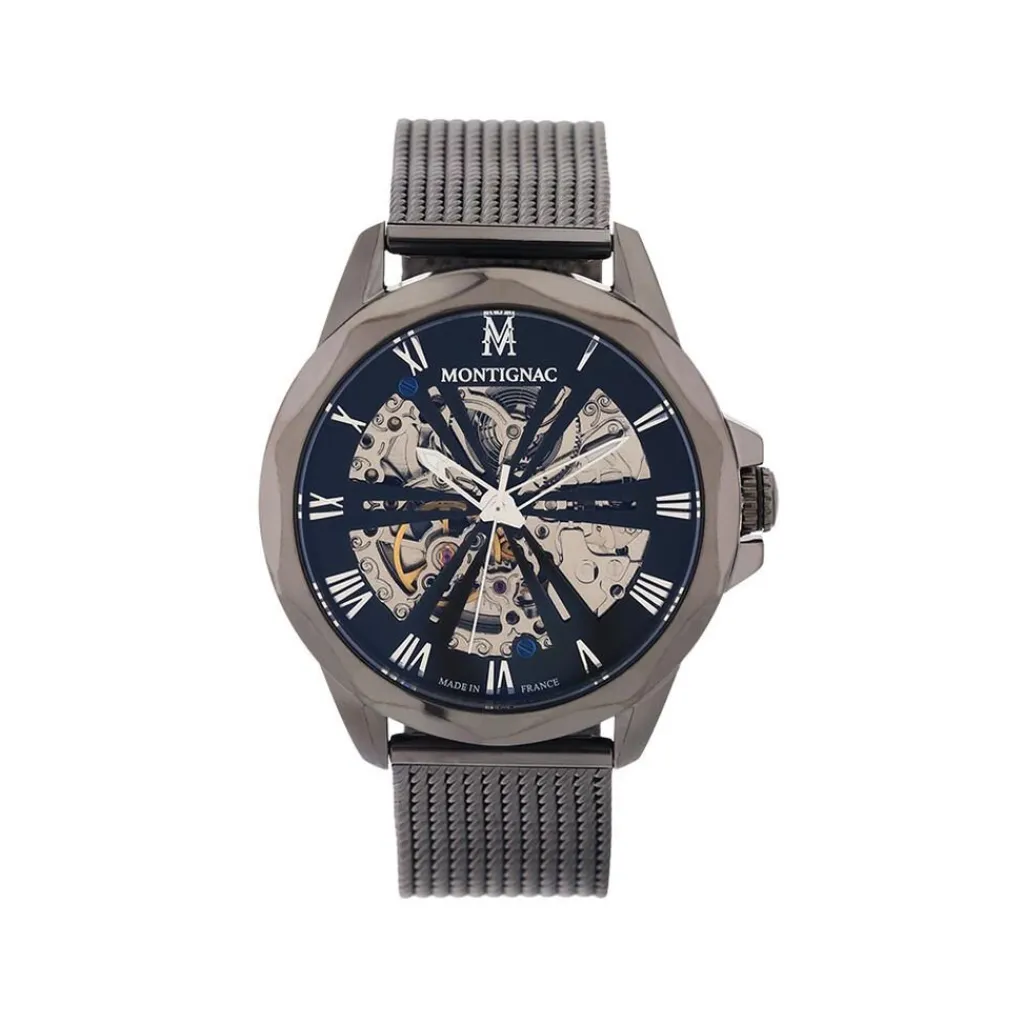 MONTIGNAC Montre Round Automatique Noir cadran gris fond noir bracelet acier gris Outlet