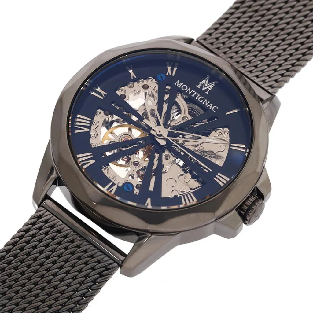 MONTIGNAC Montre Round Automatique Noir cadran gris fond noir bracelet acier gris Outlet