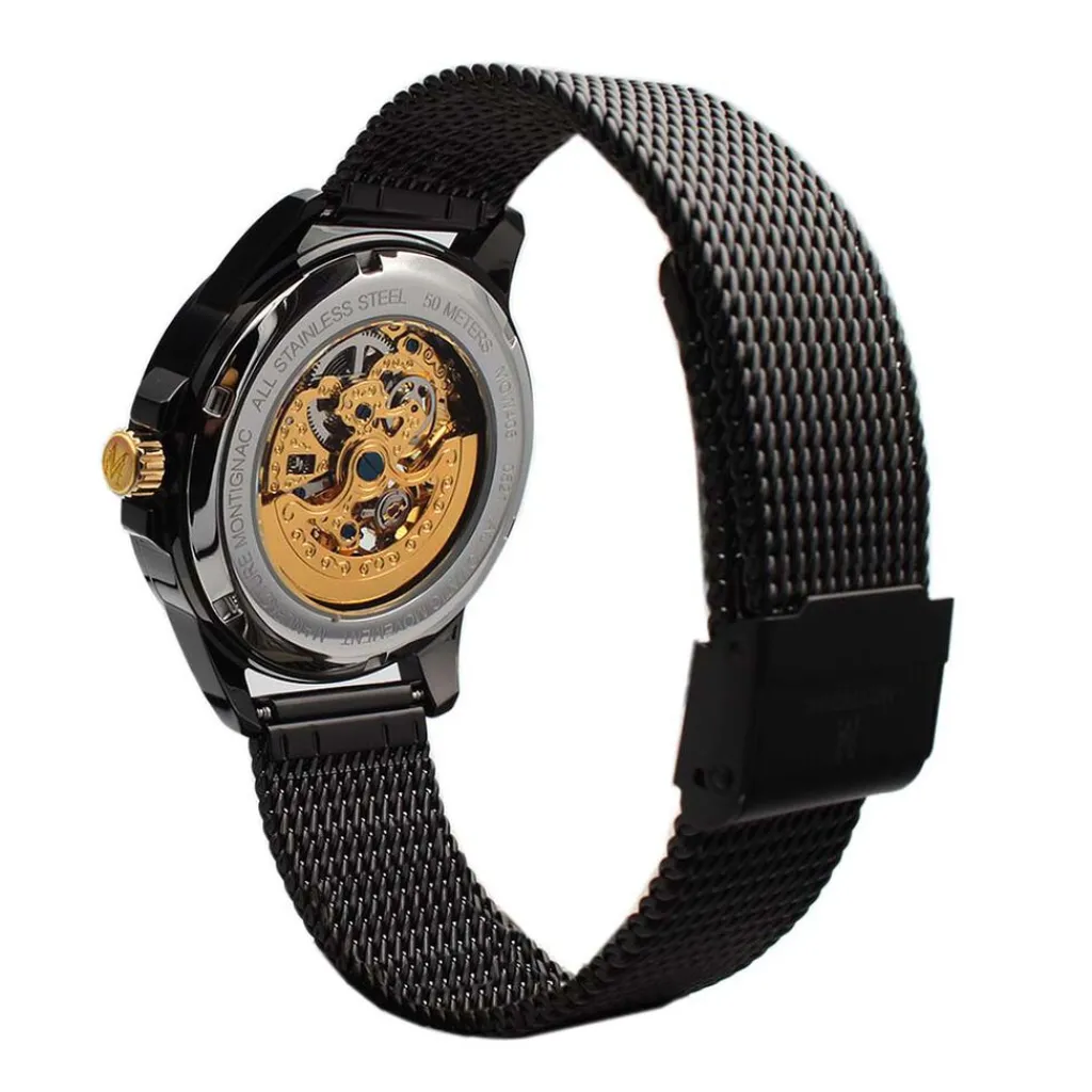 MONTIGNAC Montre Round Automatique Noir cadran noir fond noir bracelet acier noir Hot
