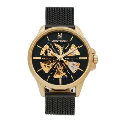 MONTIGNAC Montre Round Automatique Noir cadran doré fond noir bracelet acier noir Online