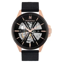 MONTIGNAC Montre Round Automatique Noir cadran doré rose fond noir bracelet acier noir Discount