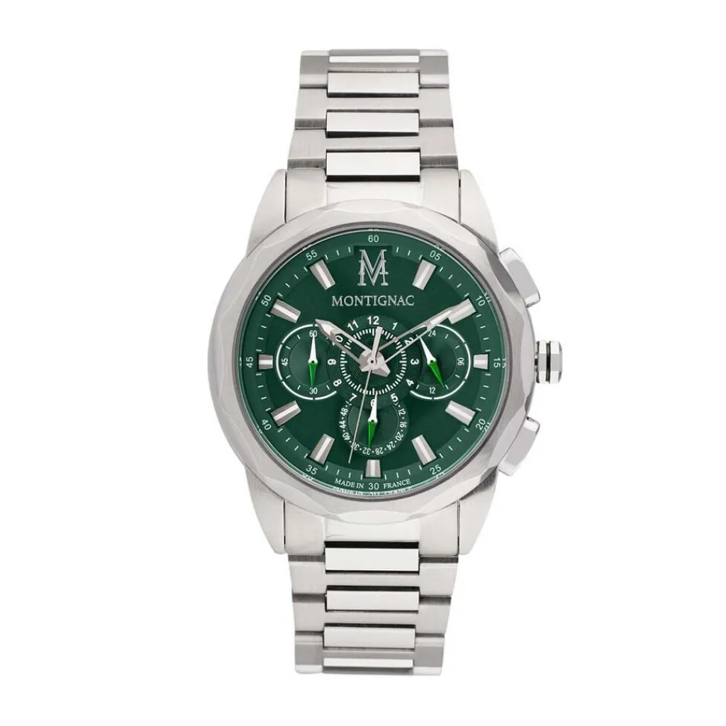MONTIGNAC Montre Round Multifonction Vert cadran argenté fond vert bracelet acier argenté Hot