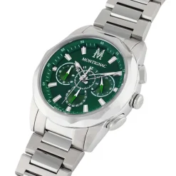MONTIGNAC Montre Round Multifonction Vert cadran argenté fond vert bracelet acier argenté Hot
