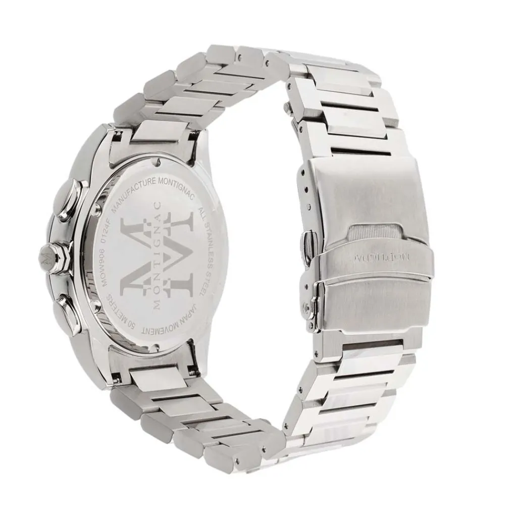 MONTIGNAC Montre Round Multifonction Vert cadran argenté fond vert bracelet acier argenté Hot