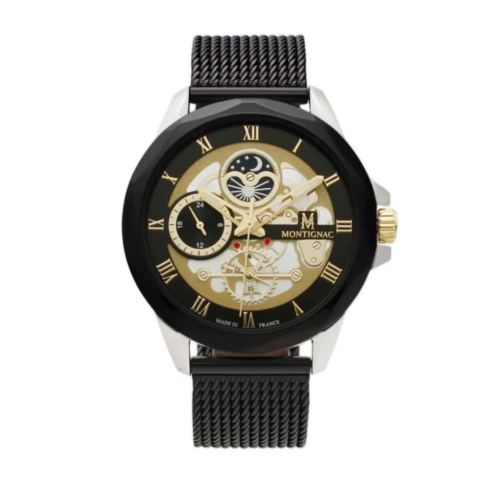 MONTIGNAC Montre Round Noir cadran argente fond noir bracelet acier noir Discount
