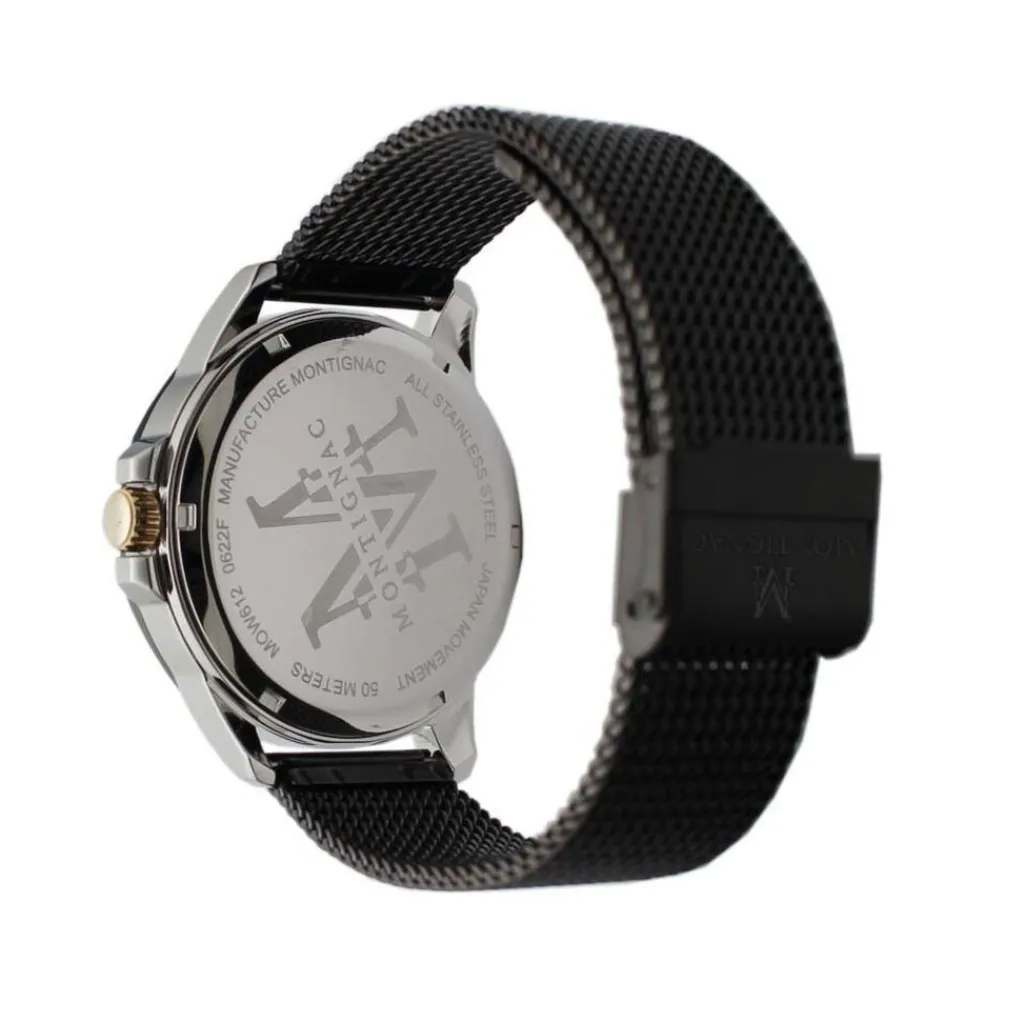 MONTIGNAC Montre Round Noir cadran argente fond noir bracelet acier noir Discount