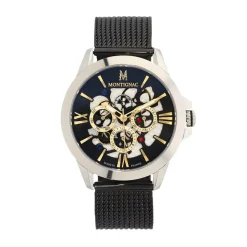 MONTIGNAC Montre Round Noir cadran argenté fond noir bracelet acier noir New