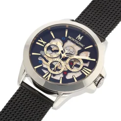 MONTIGNAC Montre Round Noir cadran argenté fond noir bracelet acier noir New