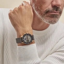 MONTIGNAC Montre Round Noir cadran doré fond noir bracelet acier noir Outlet