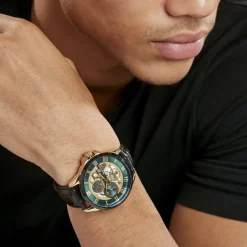 MONTIGNAC Montre Round Vert cadran dore fond vert bracelet cuir noir Clearance