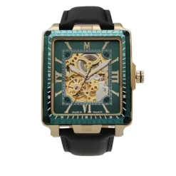MONTIGNAC Montre Square Automatique Vert cadran dore fond vert bracelet cuir noir New