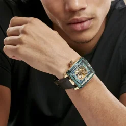 MONTIGNAC Montre Square Automatique Vert cadran dore fond vert bracelet cuir noir New