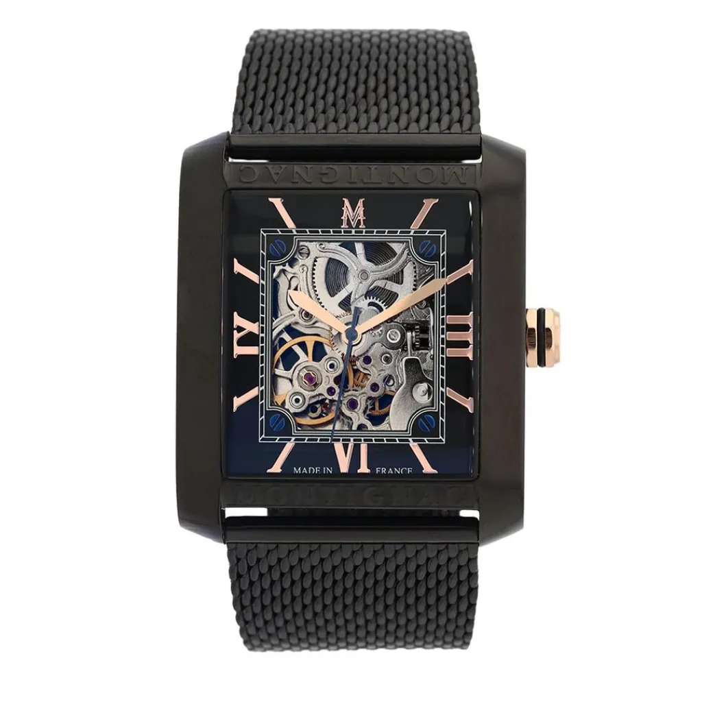 MONTIGNAC Montre Square Automatique Noir cadran noir fond noir bracelet acier noir Hot