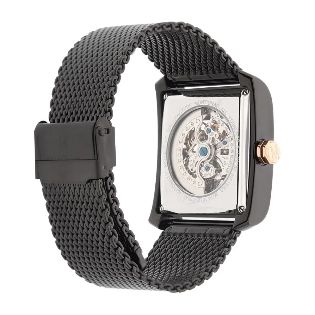 MONTIGNAC Montre Square Automatique Noir cadran noir fond noir bracelet acier noir Hot