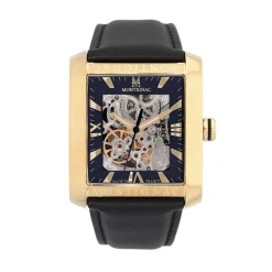 MONTIGNAC Montre Square Automatique Noir cadran doré fond noir bracelet cuir de vache noir Discount