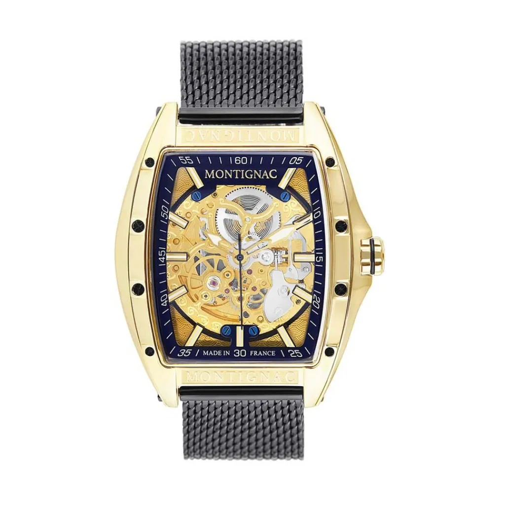MONTIGNAC Montre Tonneau Automatique Noir cadran doré fond noir bracelet acier noir Sale